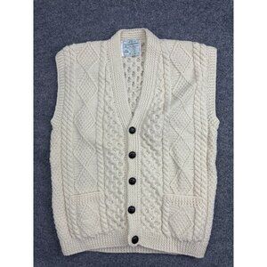 Irish Traditional Sweater Vest Mens Medium White Wool Cable Aran Knit Pockets